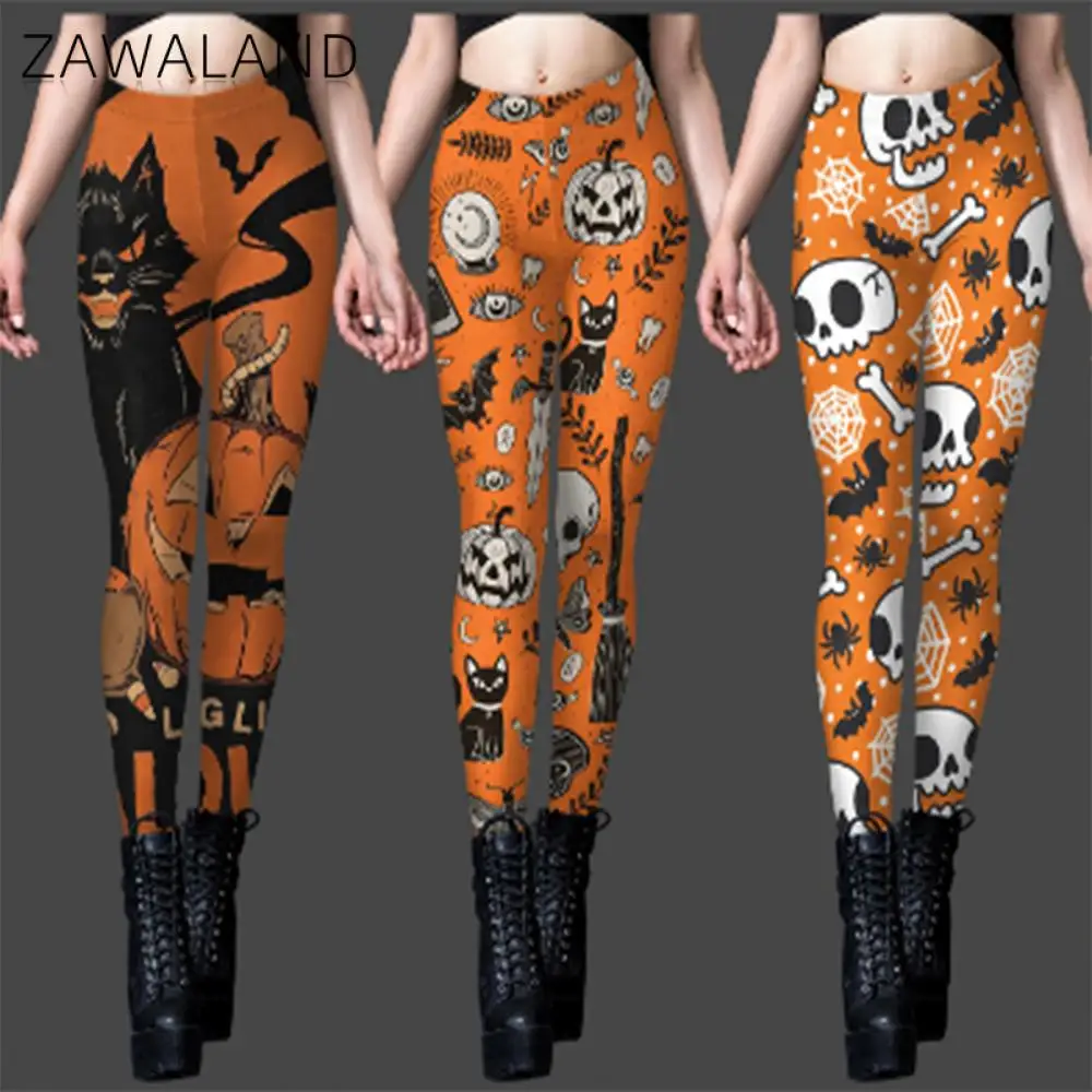 

Zawaland Women's Pants Yellow Skull Pumpkin 3D Print Cosplay Leggings Trousers Slim Leggings Halloween Carnival Party Clothing