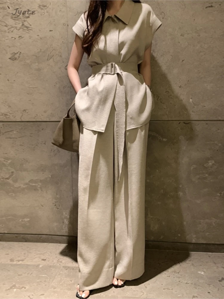Office Lady Fashion Lapel T-shirts + Wide Leg Pant Sets Loose Short Sleeve Belted Tops High Waist Straight Trouser Women Outfits