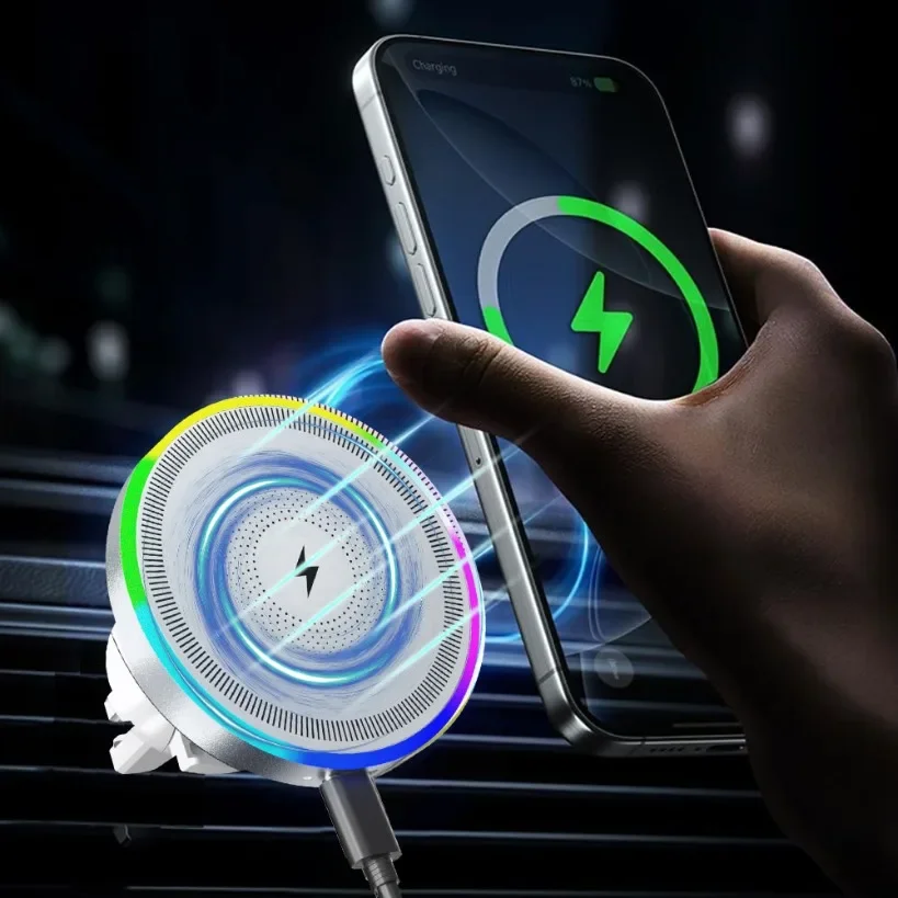 Magnetic Wireless Car Charger with RGB Lighting and Air Vent Mount