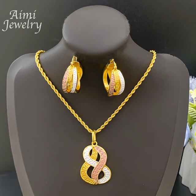 Ensemble de bijoux plaqués or 18 carats, usage quotidien, dubaï, boucles d'oreilles de luxe, collier pendentif avec chaîne, cadeaux de mariage pour mariée africaine 1