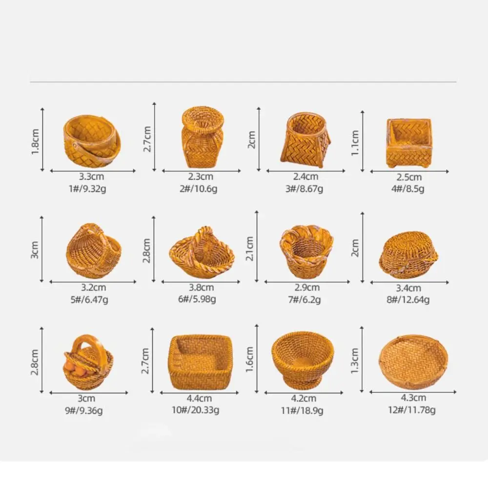 2pcs 미니 1/12 귀여운 인형 집 시뮬레이션 수지 등나무 프레임 손으로 짠 과일 야채 식품 저장 대나무 바구니