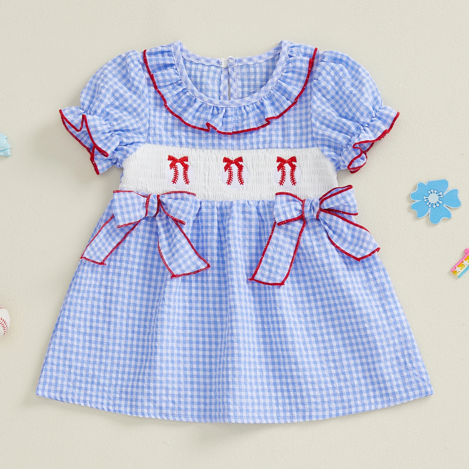 Infant Baby Girl Dress Ruffle Sleeve Round Neck Floral Embroidery Smocked A Line Checkered Dress with Bow Detail