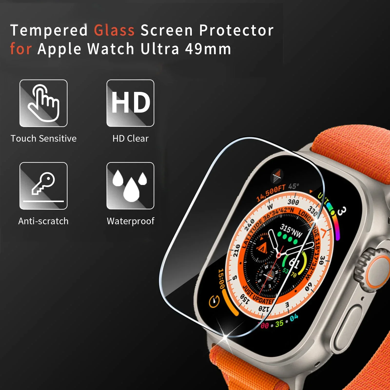 Apple Watch Ultra Screen Protector Set - 5-Pack Tempered Glass, Anti-Scratch, Waterproof, HD Film