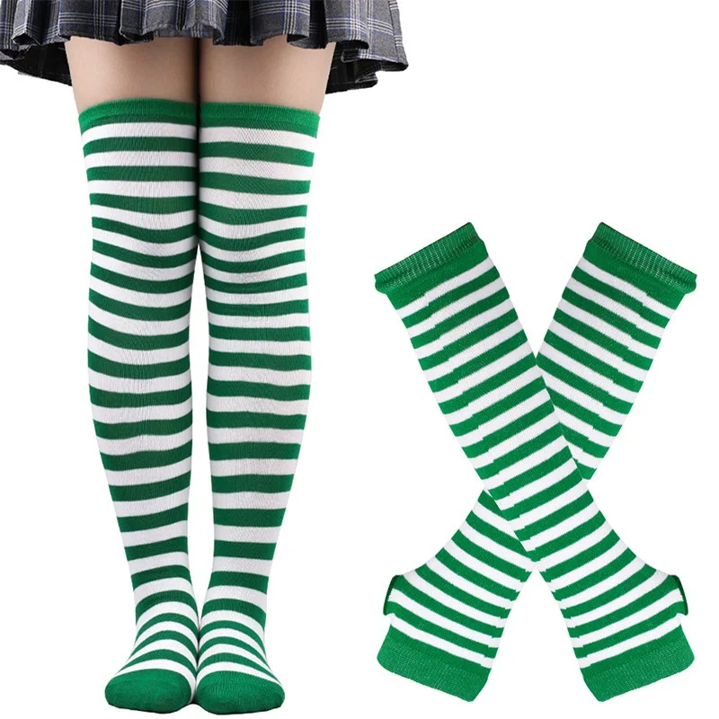 Thajaling Calzini da donna, guanti senza dita a righe Set di calzini alti fino al ginocchio,ragazze Cosplay a strisce calze lunghe guanti buco per Halloween (Arancione/Nero