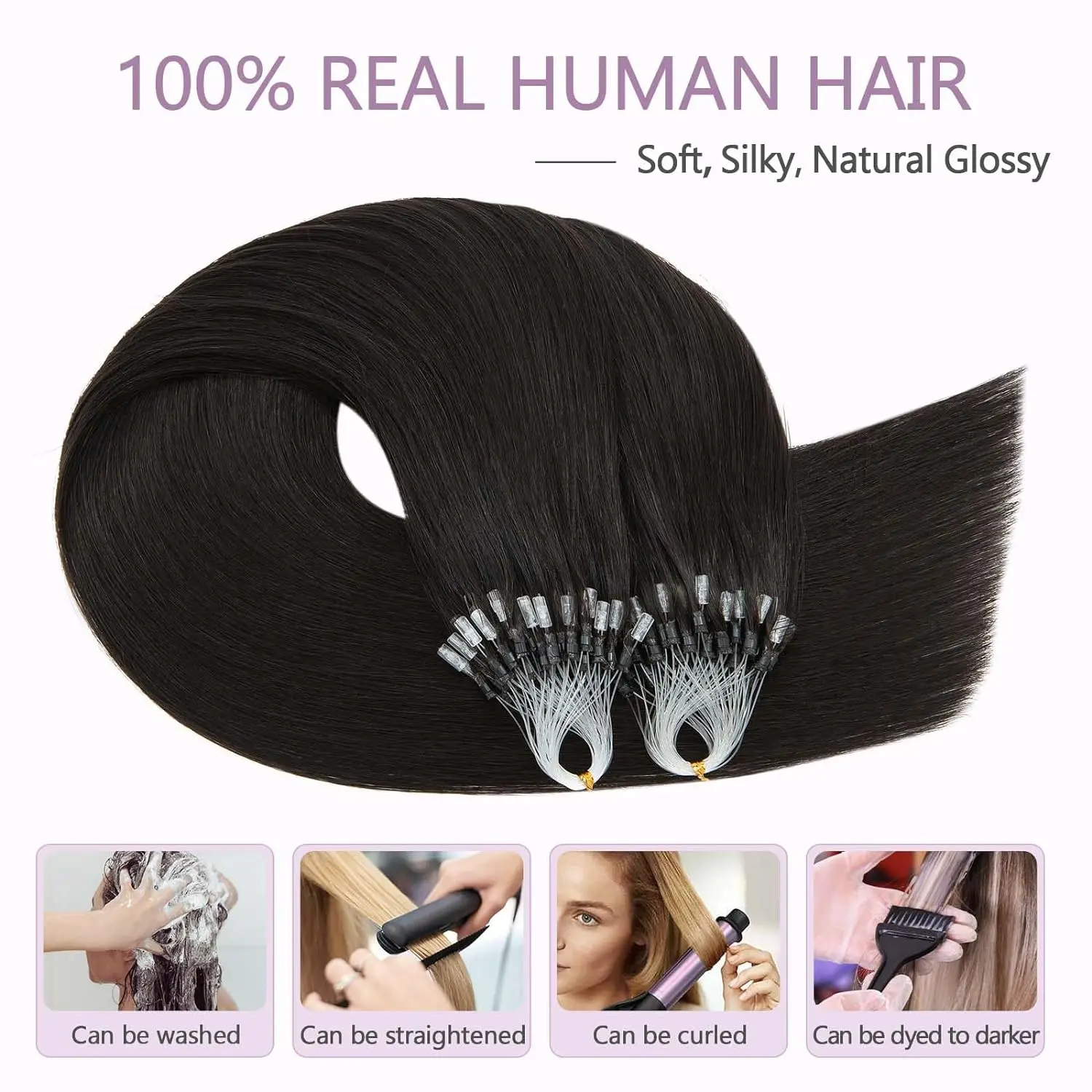 16 26 Inch Straight Micro Loop Hair Extensions #1B Natural Black Real Hair 1g/1strand 50G Extensions Micro Ring