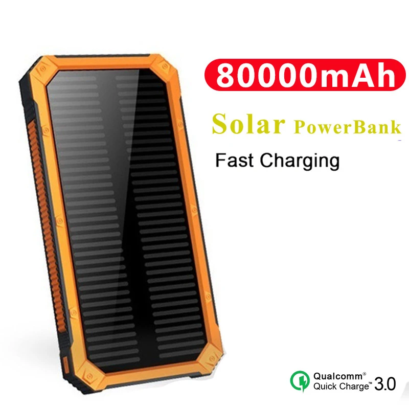 80000mAh Waterproof Solar Power Bank Waterproof USB Port External Charger Suitable for Smart Phone Power Bank with LED Light smart power bank