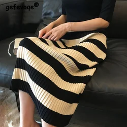 2022 Spring Autumn Fashion Elegant Striped Pleated Knitted Skirt for Women Office Lady High Waist Bodycon Street Midi Skirt Jupe