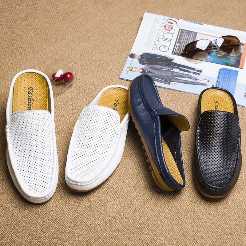 Fashion Men Half Loafers Genuine Leather Slippers Outdoor Lightweight Half Shoes