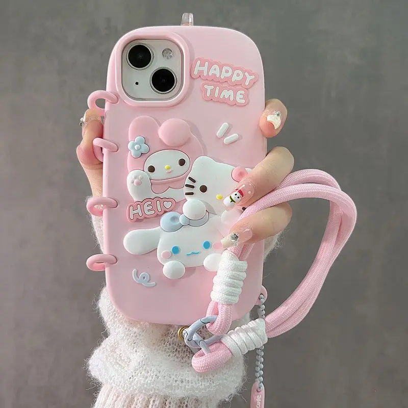 Sanrios Hellokittys Mymelody Cinnamoroll Bracelet Wrist Chain Case for Iphone 15 14 13 12 11 Pro Max Cute Anti-Slip Back Cover