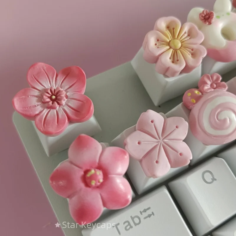 Pink Sakura Artisan Keyboard Keycaps - Custom Flower Design