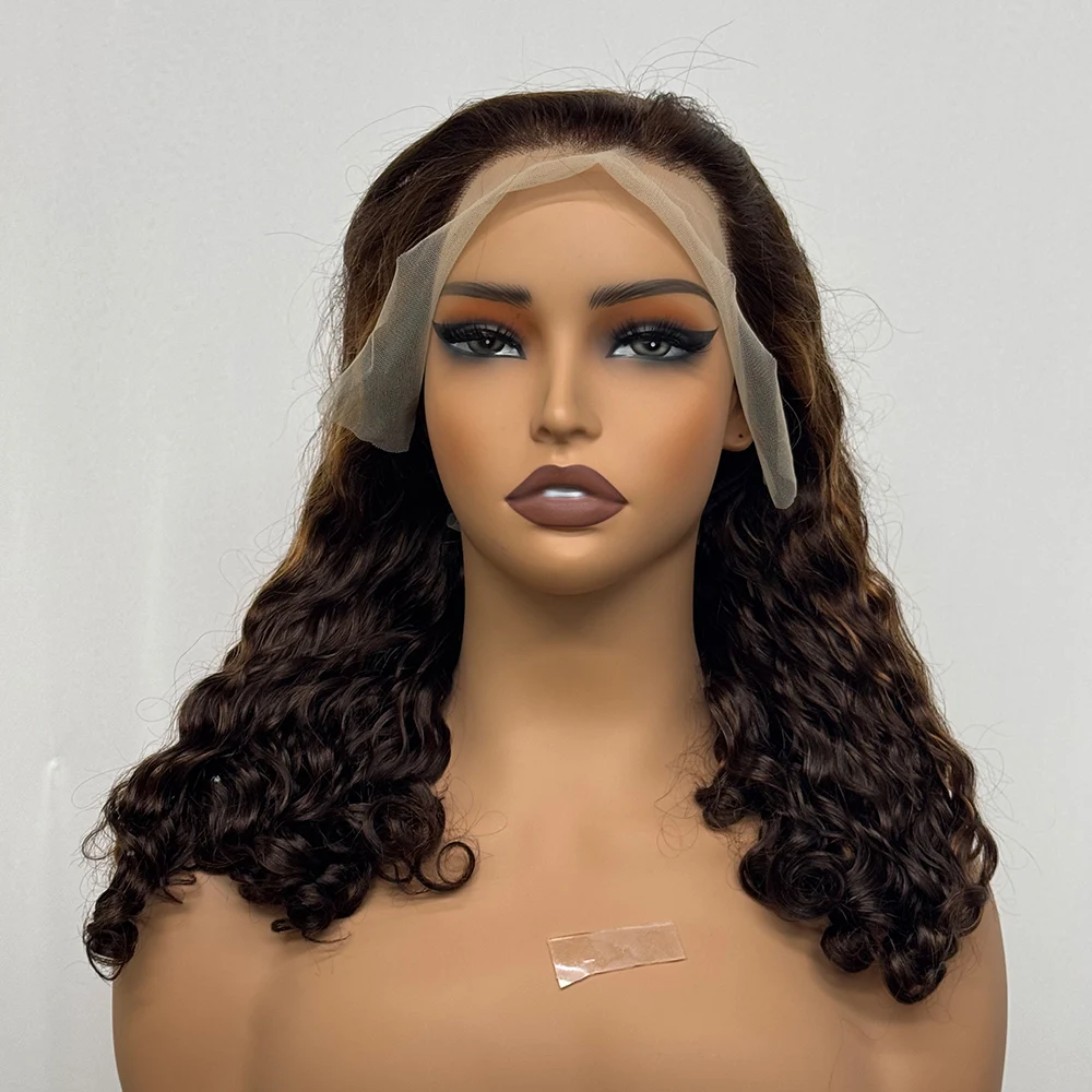 220% Density Water Wave Curly Human Hair Wig Ombre Bob Human Hair Wig 13x4 Transparent Lace Front Wig for Black Women