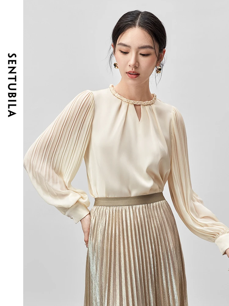 SENTUBILA Women French Hollow Out Blouse Autumn Chiffon Straight Woven O Neck Lantern Sleeve Tops 143V56037