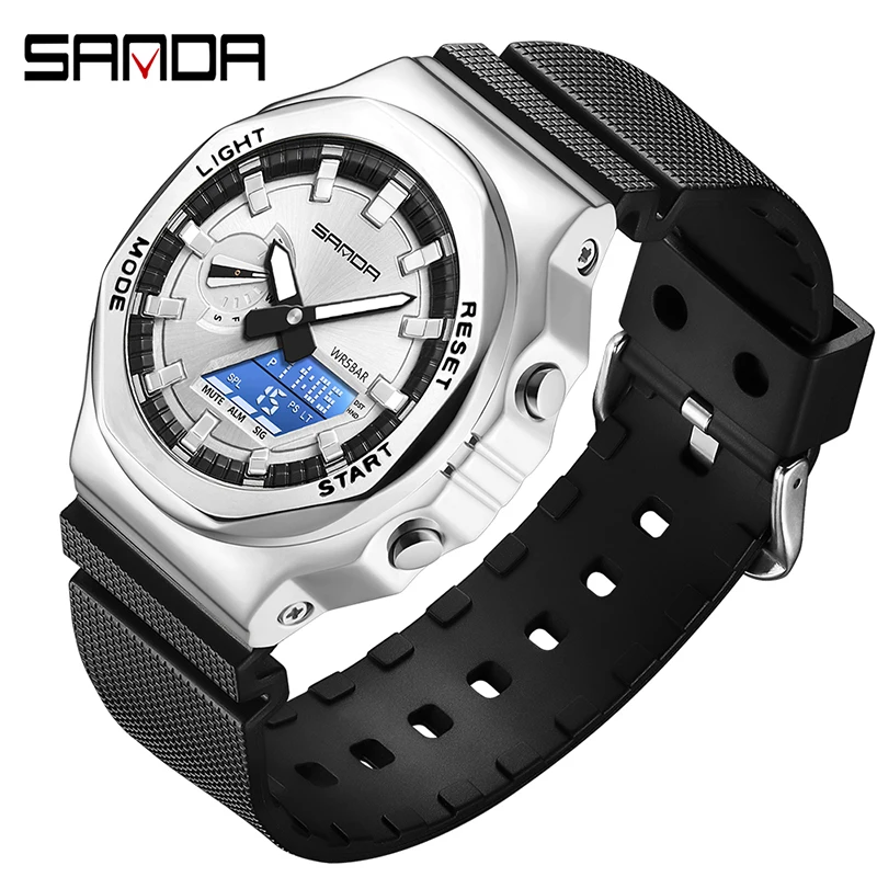 Sanda Brand New Men Watches Dual Display Electronic Waterproof Sport Watch Breathable Strap Fashion Luminous Outdoor Wristwatch