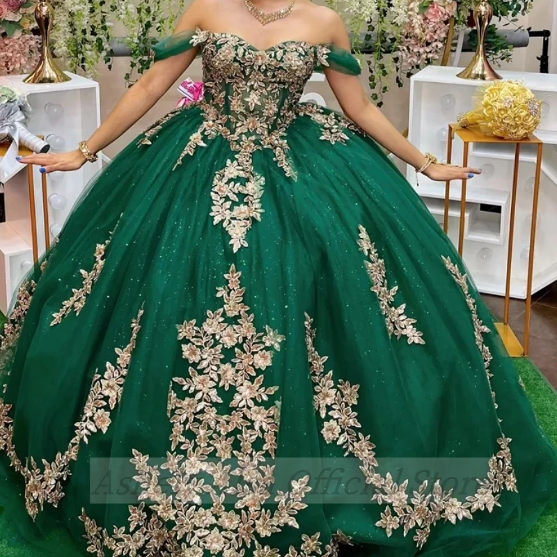 Saudi Arabic Green Sweet 16 14 Year Girl Prom Dresses Sweetheart Lace Applique Party Gown vestidos de 15 a&ntilde;os quincea&ntilde;eras