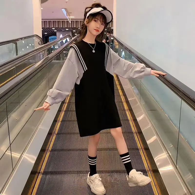 ZOETOP 2024 한국 여름 여중생 긴 소매 원피스 십대 소녀 대비 스트레이트 원피스 원피스, 캐주얼 원피스