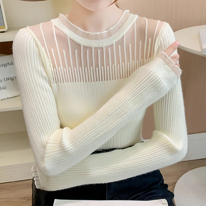 

Lace Patchwork Hollow Out Sweaters For Women Pullover Knitted Sweater Long Sleeve Top Fall Womens Clothing Pull Femme Hiver 2023