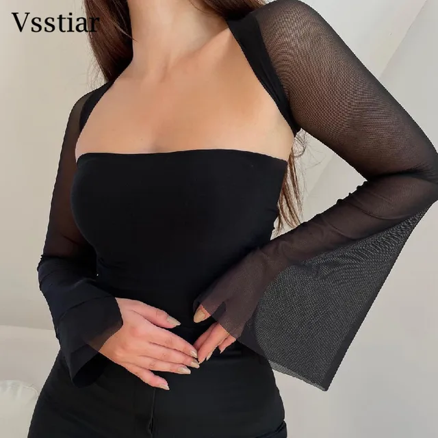 Vsstiar Long Flare Sleeve Women Shirts Sexy Slash Neck Slim Autumn Crop Top