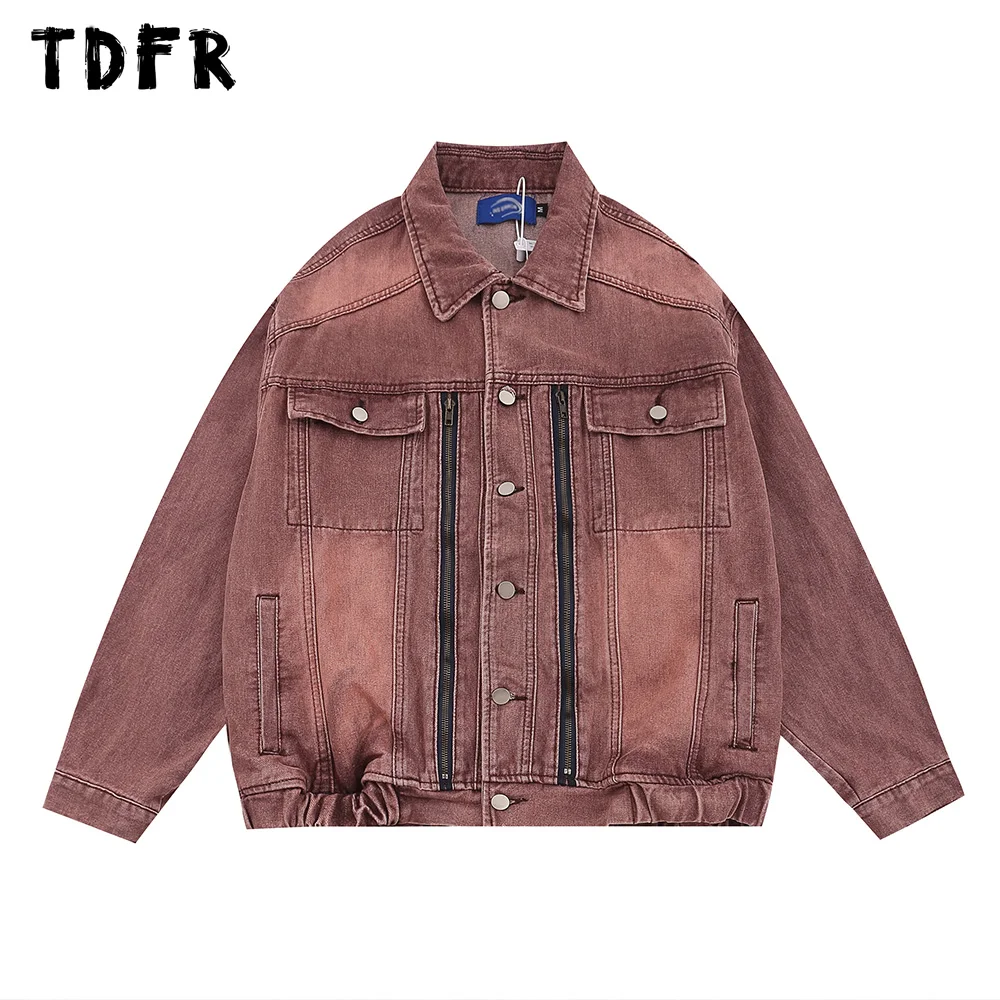 

Distressed Denim Jacket Mens Autumn Winter Zipper Decoration Pocket Loose Streetwear Lapel Jeans Jacket Men Outerwear