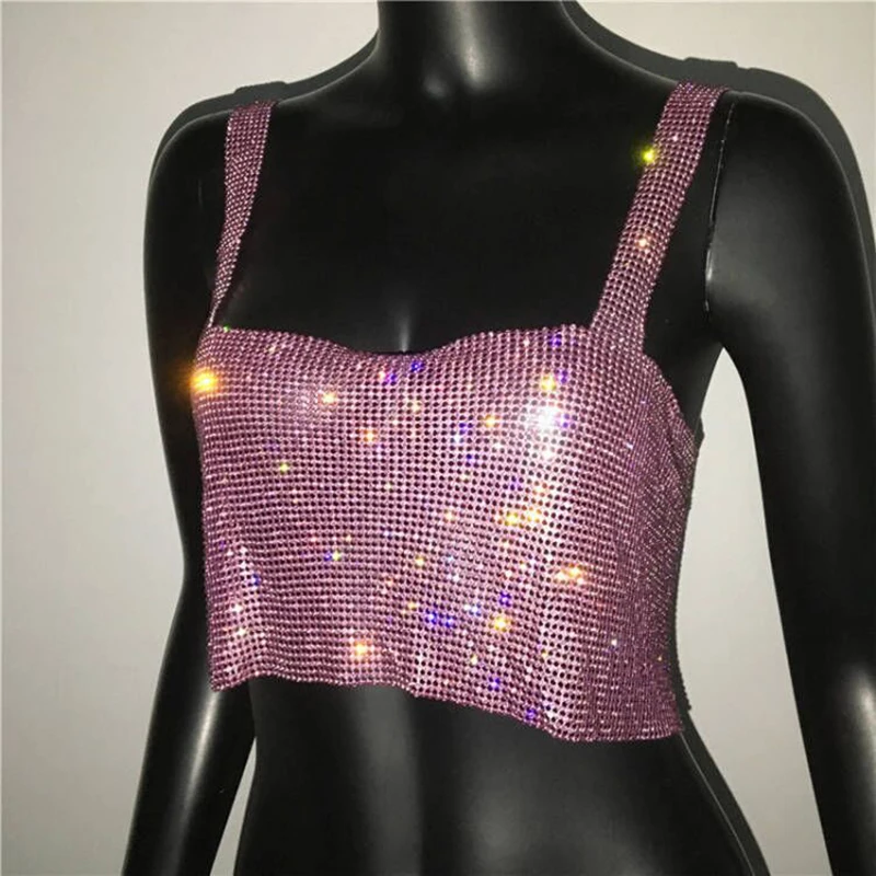 Top de strass bling feminino, monocromático, sem