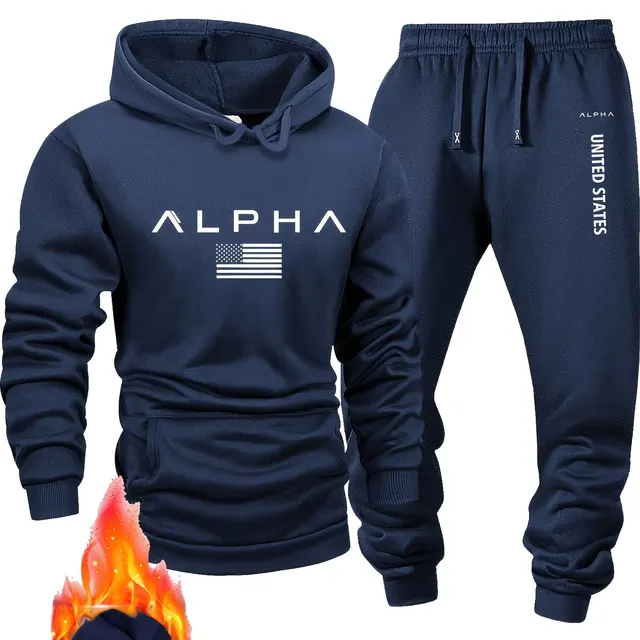 Men casual sportswear set  Fashionable American-style letter printed fleece pullover and fitted sweatpants set highly versatile 2