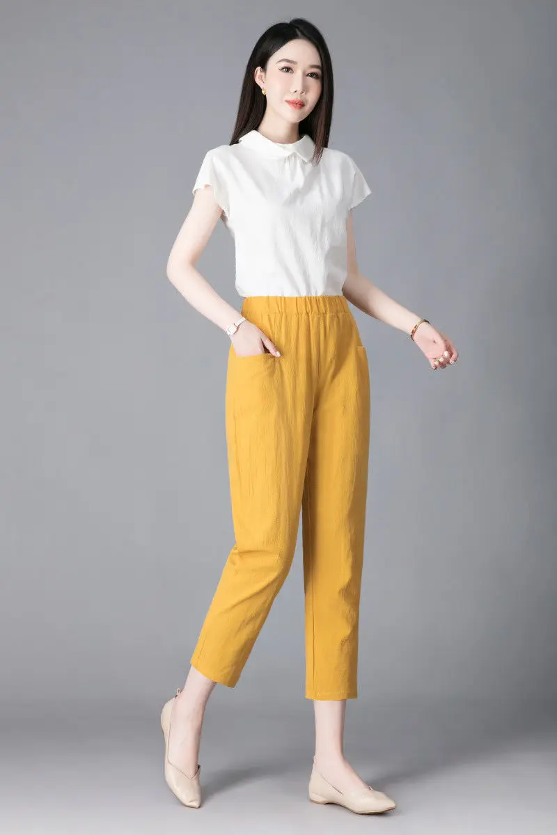 Large Size Korean Casual Thin Cotton Linen Pants Women Spring Summer Elastic Waist Ankle-Length Pants Woman Harem Trousers