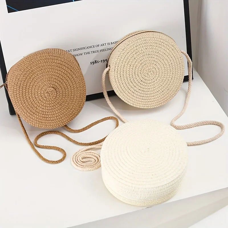 Handcrafted Charm Chic Round Woven Crossbody Bag for Women Handmade Straw Shoulder Purse, Perfect for Beach Vacations Beach Bag