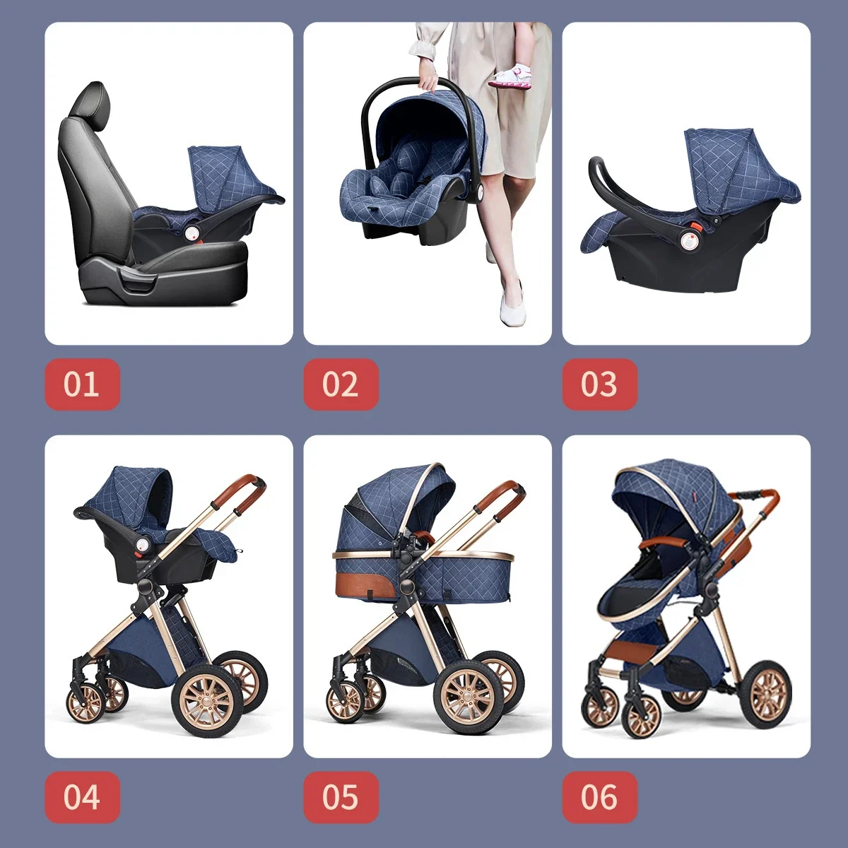Luxury Baby Stroller 3 in 1 High Landscape Baby Cart Can Sit Can Lie Portable Pushchair Cradel Infant Carrier