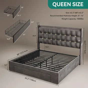 Queen Size Bed Frame with 3 Storage Drawers and RGB LED Lights, Velvet Upholstered Bed with Charging Station and Storag 2