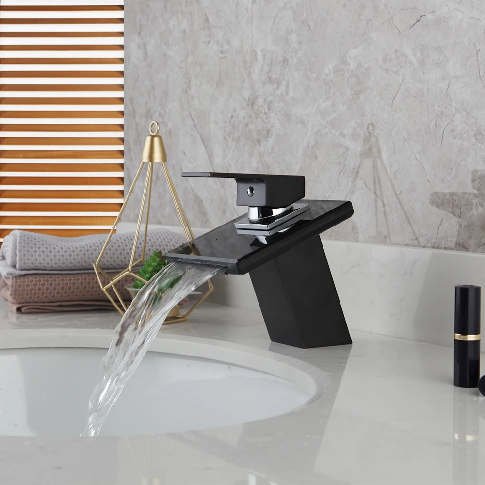 Tanksmart Matte Black Glass Waterfall Faucet Bathroom Basin Faucet Deck