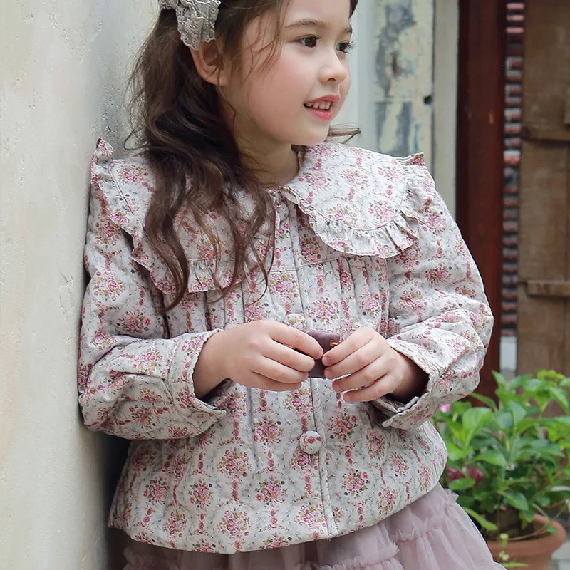 

Coats Autumn New Korea Children Clothing Girl Retro Flower Colour Cotton Clip Thin Cotton Coat Turn Down Collar Sweet