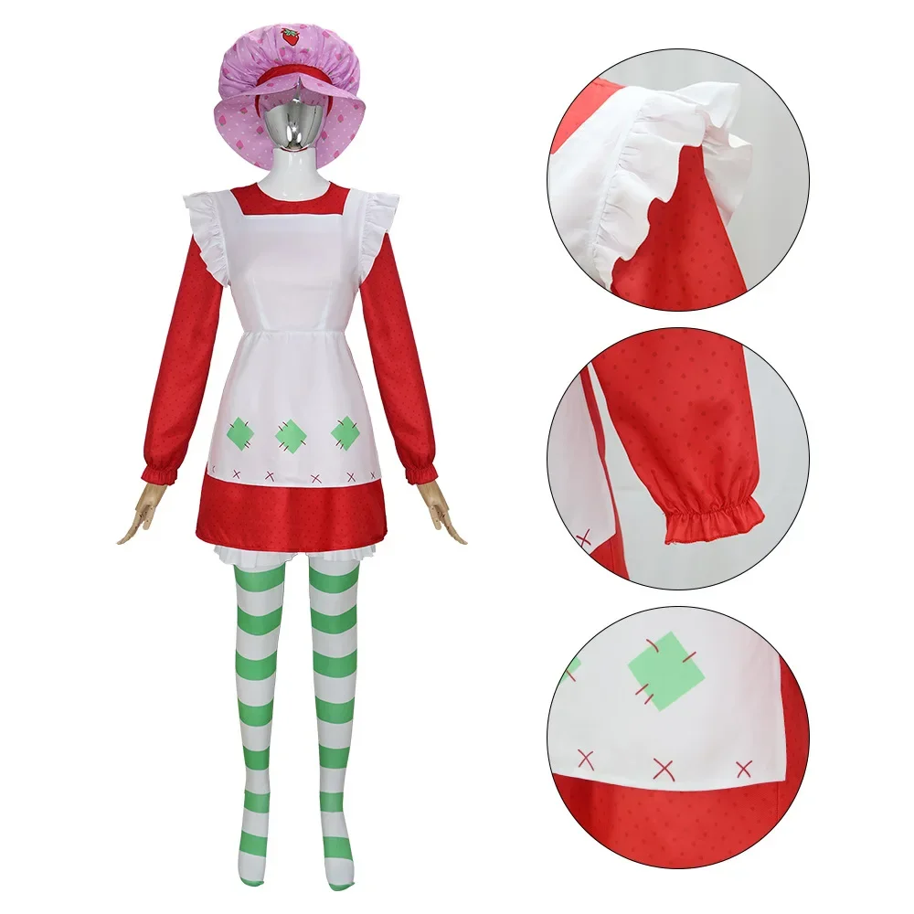 Costume da Cosplay di Strawberry Shortcake, Abito Anni '80, Outfit per Halloween, Vestito Rosa con Cappello da Pasticceria, Set Completo per Donne