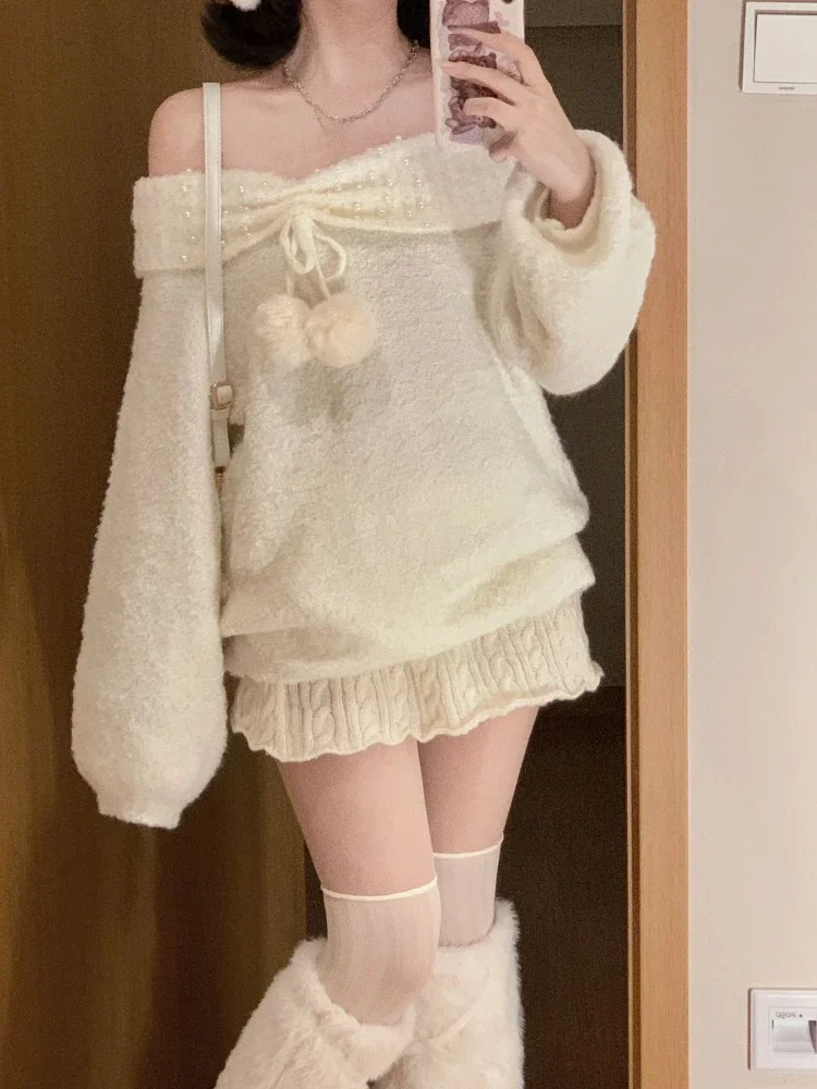 Wool Japanese Kawaii Two Piece Set Women Winter Warm Korean Sweet Skirt Sets Off Shoulder Pullover Sweater + Elastic Shorts 2024