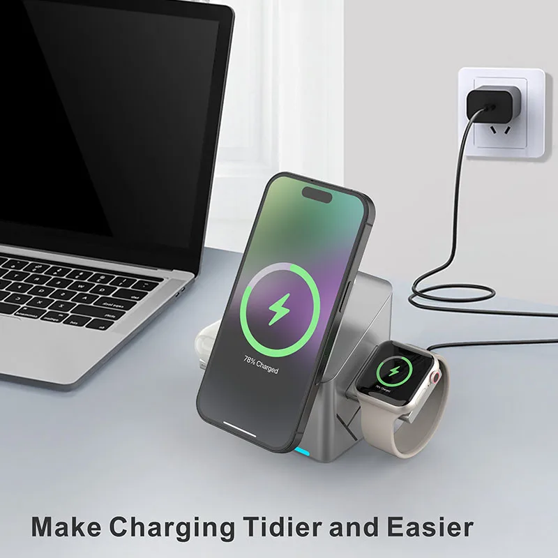 Support de chargeur sans fil magnétique rotatif Qi2 3 en 1 15 W pour iPhone 16 15 14 13 12 Max, iWatch, Airpods, station de charge rapide