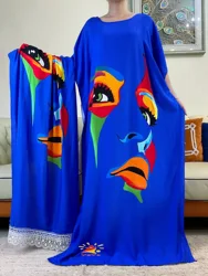 2023Summer Short Sleeve Printing Cotton Dresse With Big Scarf African Dashiki Floral  Loose Caftan Lady  Maxi Casual Vestidos