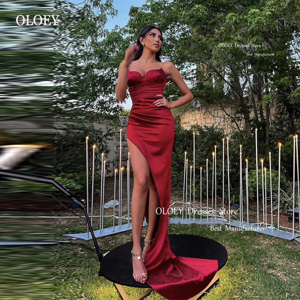 

OLOEY Sexy Spaghetti Straps Mermaid Prom Dresses High Split Sweetheart Pleats Burgundy Prom Gowns Red Formal Party Dress
