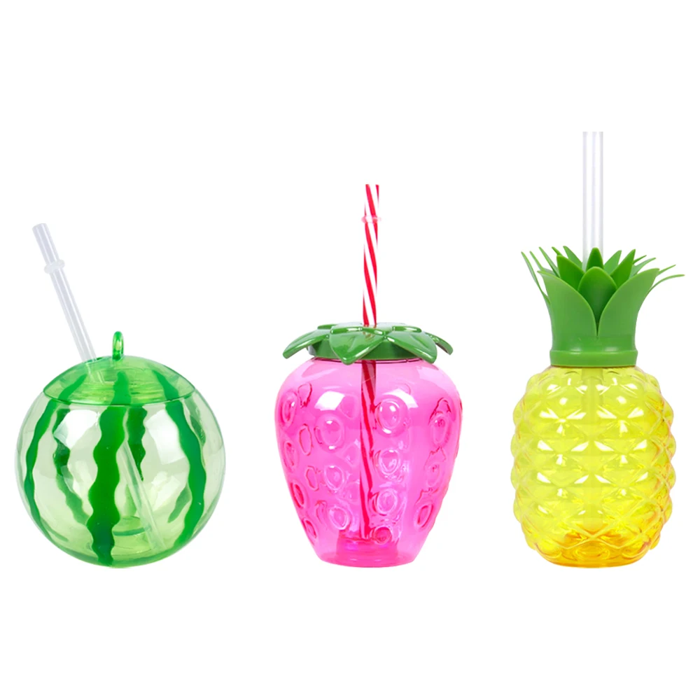 6/8pcs Plastic Pineapple/Strawberry/Watermelon Shaped Drinking Cup with Straw Hawaiian Decor Summer Beach Pool Party Supplies