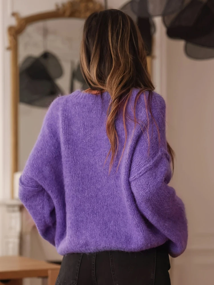 Autumn and Winter New Women's Clothing Purple Crew Neck Long-sleeved Sweater Fashionable and Elegant Knitwear Casual Loose Top