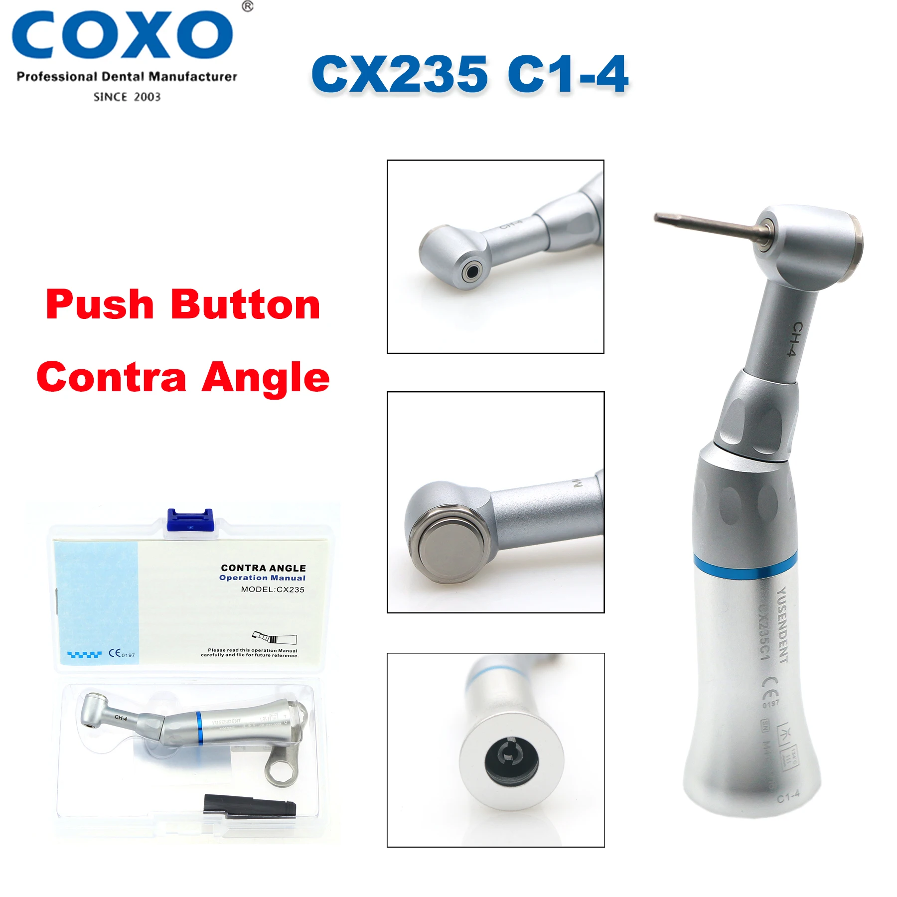 

COXO YUSENDENT Dental 1:1 Contra Angle Low Speed Handpiece Push Button Wrench Head E Type Fit NSK EX Series CX235 C1-4