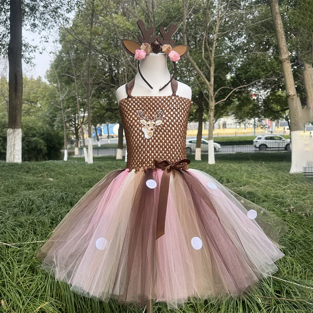 

Deer Tutu Dress Girl Christmas Dresses with Headband Kids Halloween Costume Baby Girl Princess Elk Reindeer Outfit for New Year