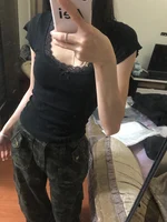 Bla Lace Splice Square Collar ort Sve T-irt Women's Summer Slimming Chic Sweet-and-Spicy ort Top Korean Sle