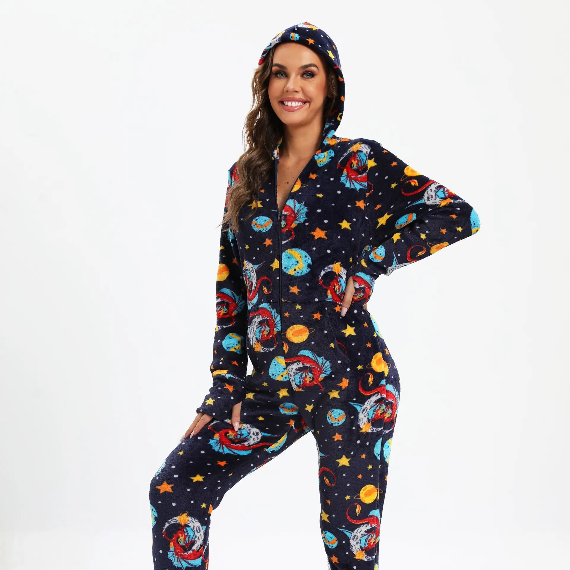 Warm Flannel Hooded Onesies Kigurumi Women's Space Print Pajamas Adults Winter Sleepwear Anime Costumes Jumpsuit