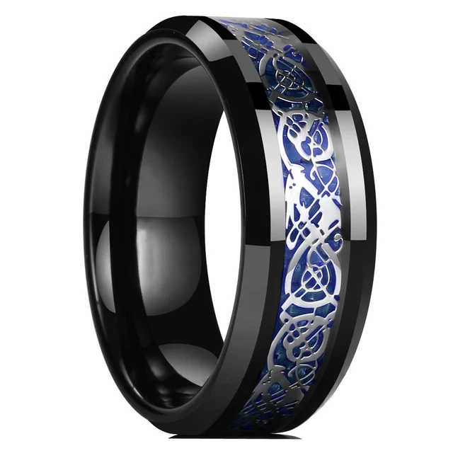 90685-45b106.jpg Bague celtique en acier inoxydable pour homme, 21 couleurs, 8 mm, incrustation de dragon rouge, vert, noir, fibre de carbone, alliance, bijoux, taille 6-13