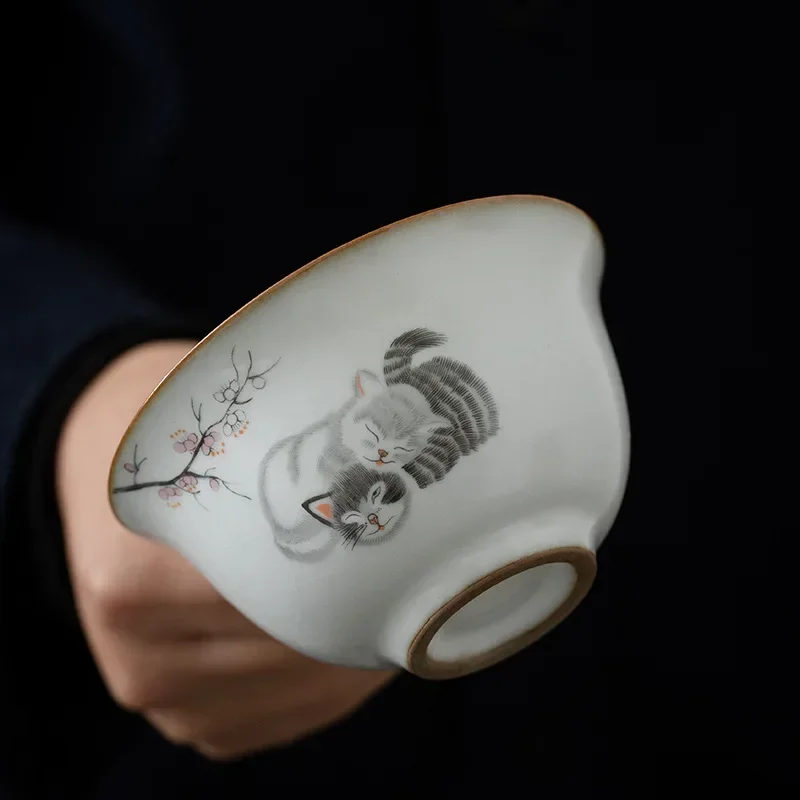 Traditional Ru Kiln Ceramic Tea Tureen Bowl Handmade Cat Pattern Teacup Travel Portable Gaiwan Home Tea Set Drinkware 160ml