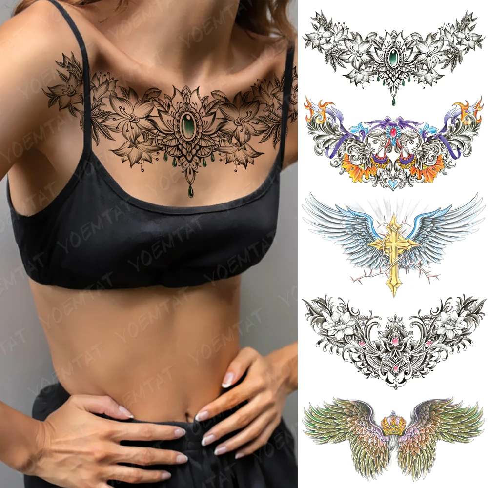 

Lotus Henna Mandala Chest Tattoo Stickers Flower Waterproof Temporary Fake Tatoo Large Waist Shoulder Sexy Body Art Men Women