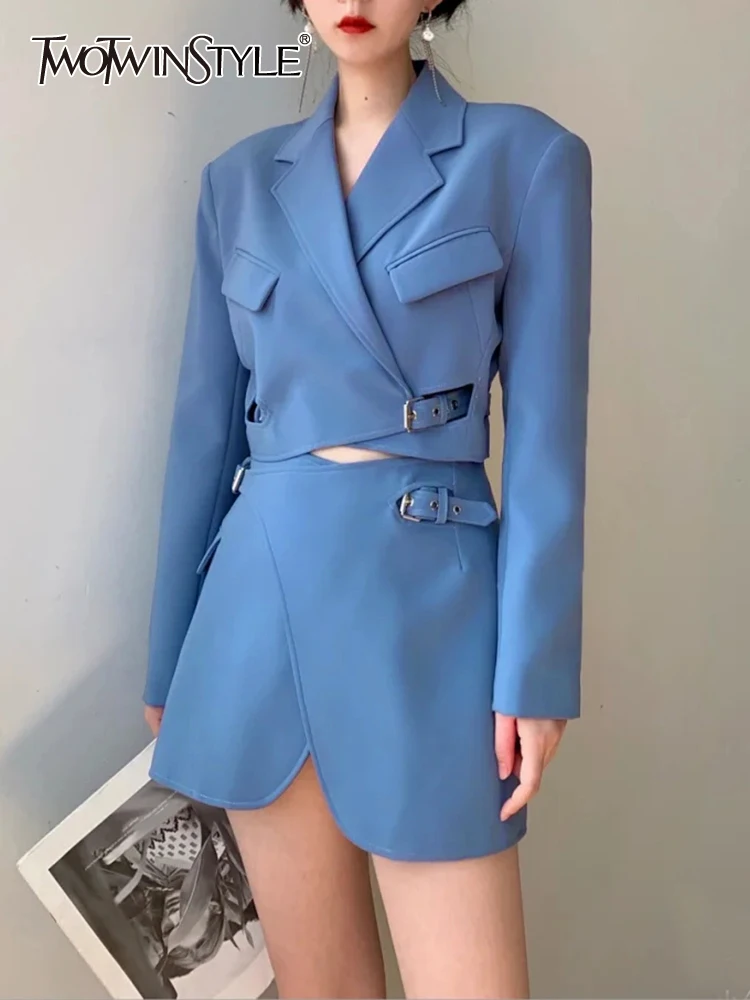 

TWOTWINSTYLE Solid Casual Chic Dresses For Women Notched Collar Long Sleeve High Waist Hollow Out Dress Female Fashion Clothing