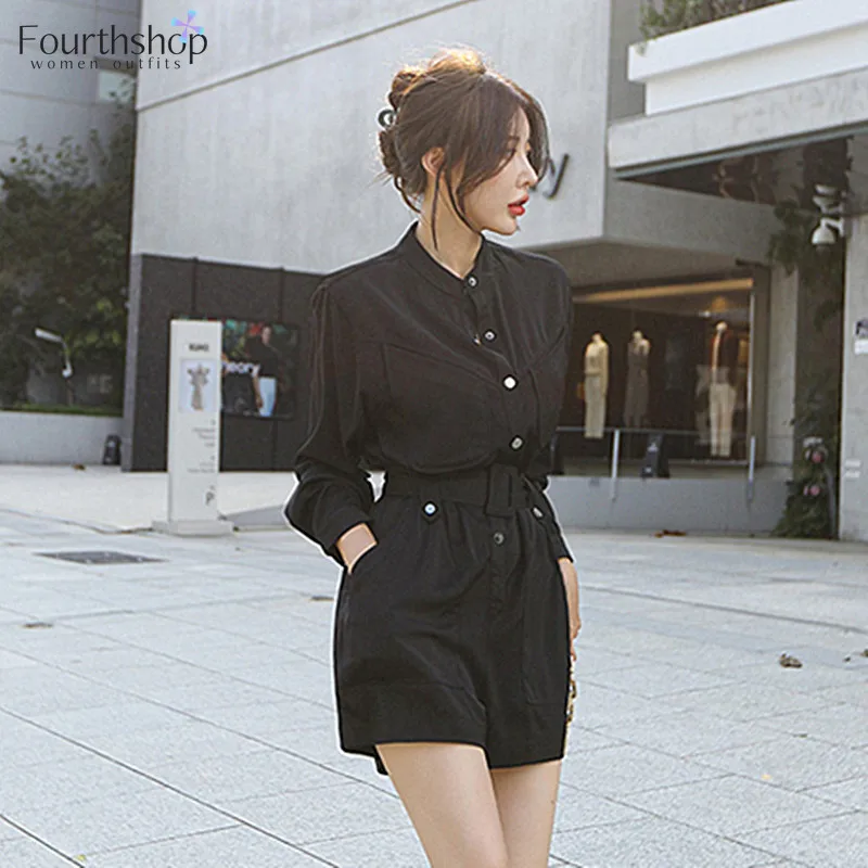 

Fashion Rompers with Belt Pockets Black and Khaki Color Long Sleeve Playsuits Women Elegant Trending Outfits Shorts Suits Female