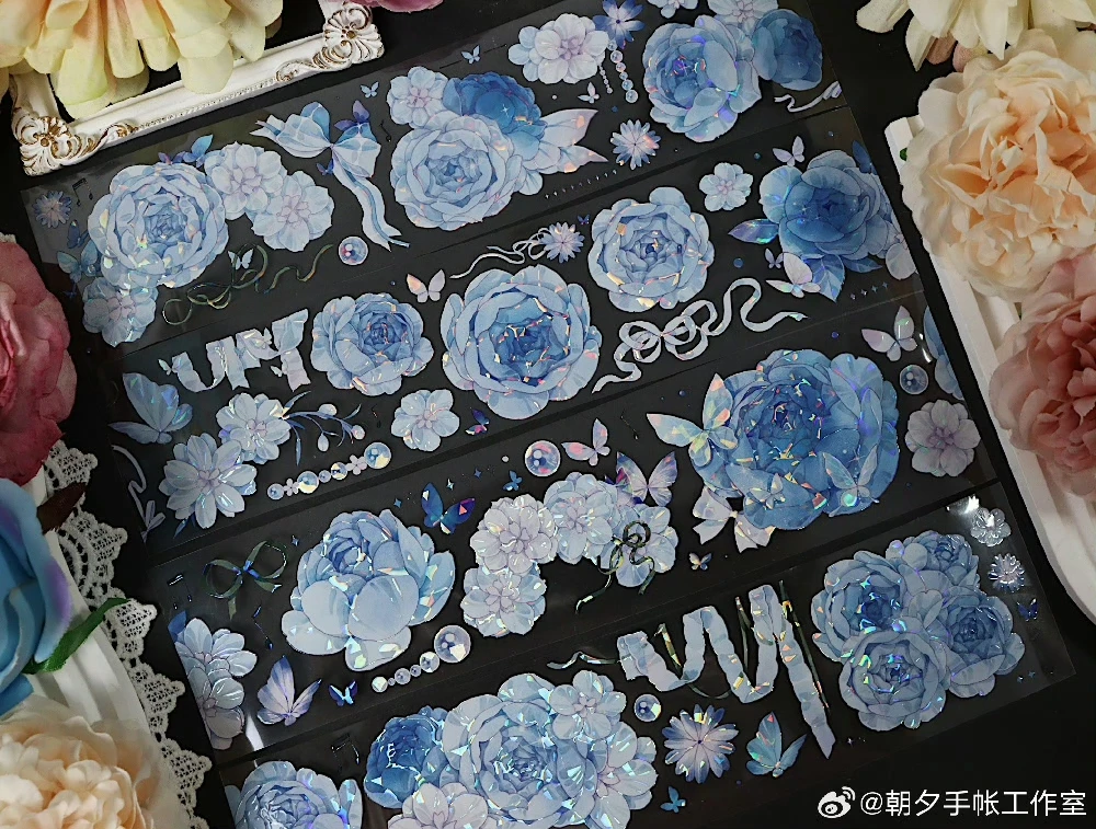 

1 петля синего цветка бабочки Yequ блестящая васи лента для домашних животных