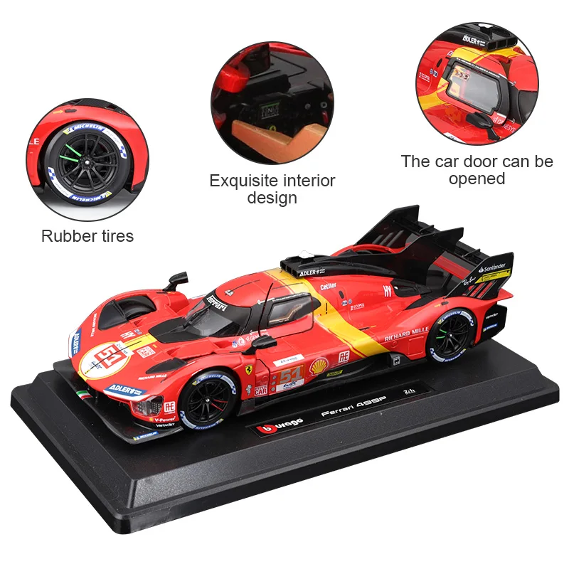 Bburago 1:24 24H Le Mans 랠리 페라리 499P 51 챔피언 다이캐스트 레이싱 카 모델, 차량 장난감 컬렉션, 어린이 선물