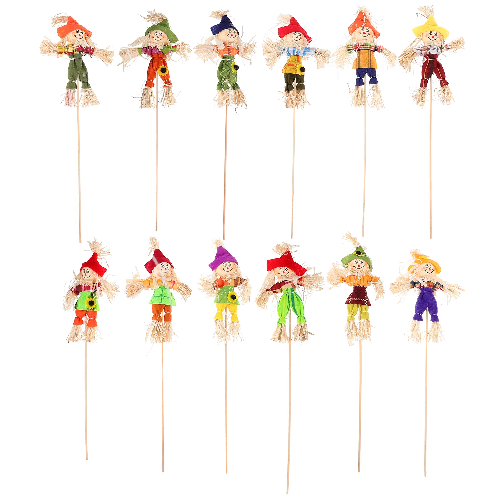 

12 Pcs Scarecrow Decoration Decorative Scarecrows Creative Garden Outdoor Halloween Ornaments Wood Straw Cartoon