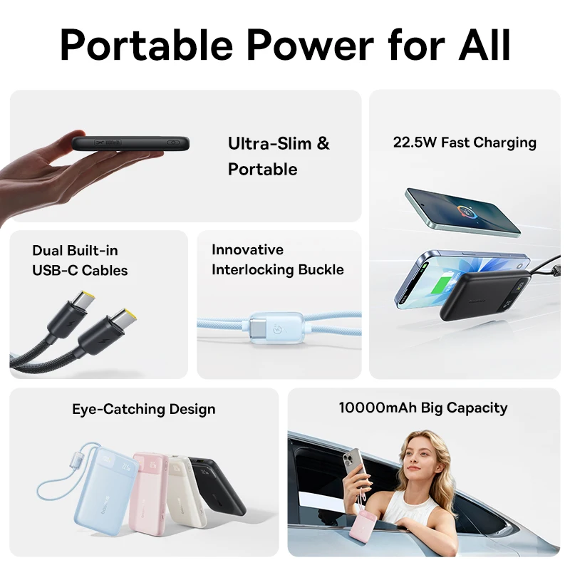 Baseus 10000mAh Power Bank 22.5W Built-In Dual USB-C Cable Thinner Fast Charging for iPhone 17 Pro Max Samsung S25 Xiaomi Poco